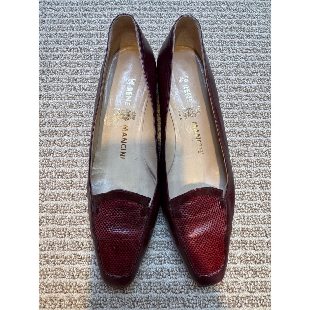 Rene Mancini‎ Paris Vintage Burgundy Leather Lizard Embossed Low Heel Pumps 38